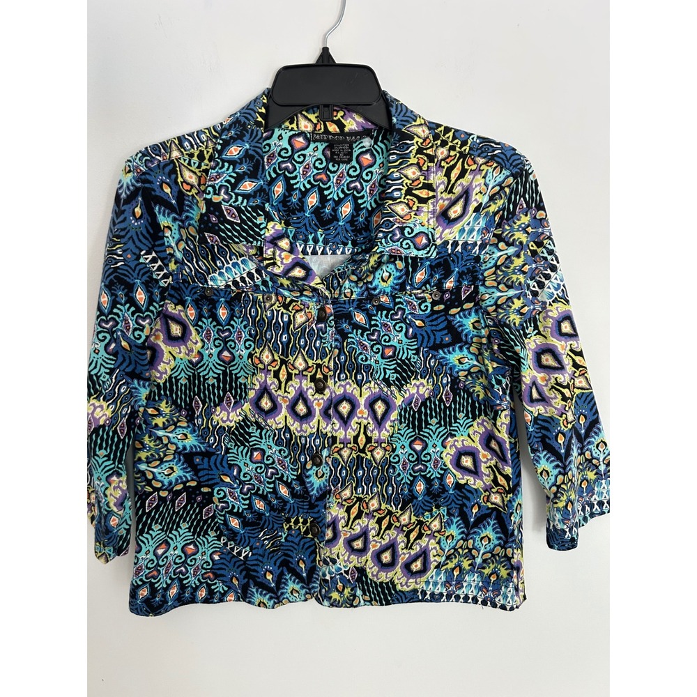 Mirror Image Womens PM Petite Ikat Paisley Print Button Up Jacket Multi-Color
